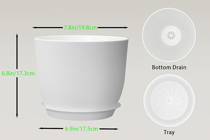 8 Inch Plant Pots Set of 4, Plastic Planters with Drainage Holes and Tray, Flower Pots for Indoor Outdoor Plants and Flowers (White)