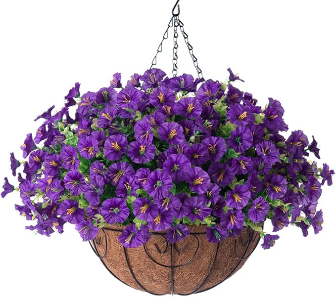 Artificial Fake Hanging Flowers Plants Basket for Outdoors Spring Decoration, Realistic Faux Silk Morning Glory for Outdoor Planters UV Resistant Artificial Flowers for Outside Porch Garden, Purple