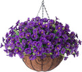 Artificial Fake Hanging Flowers Plants Basket for Outdoors Spring Decoration, Realistic Faux Silk Morning Glory for Outdoor Planters UV Resistant Artificial Flowers for Outside Porch Garden, Purple
