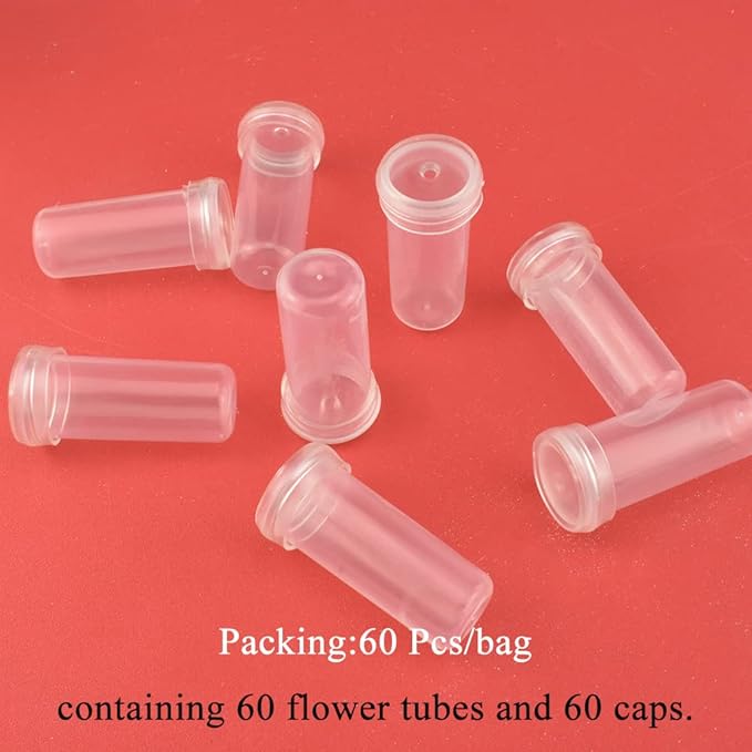 HAHIYO 60PCs 1.6X0.7Inch Transparent Plastic Floral Tubes Floral Water Tubes Flower Vials with Silicone Caps for Plants Fresh Flowers Arrangement Decoration Milkweed Cutting Florist Supplies