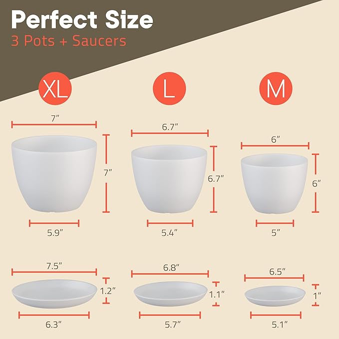 Planter Pots with Drainage Holes - Lightweight, Durable & Space-Saving Pots for Indoor and Outdoor - Versatile Functionality, Simple Modern Design, Set of 3 Plastic Planter Pots - White