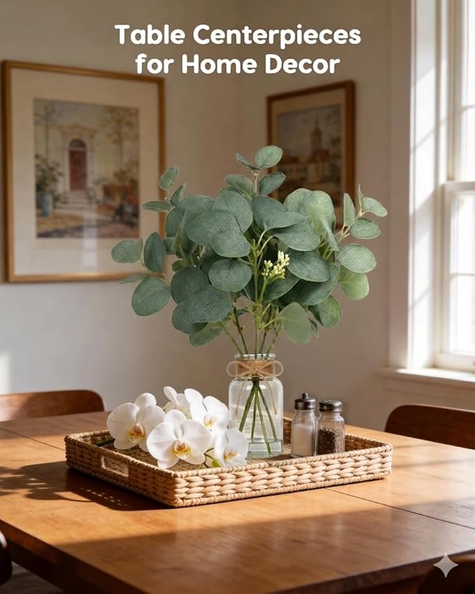 Velener Faux Eucalyptus Stems in Vase with Faux Water, Fake Plants Indoor Artificial Eucalyptus Plant for Home Decor, Kitchen Bathroom Farmhouse Living Room Coffee Table Centerpieces for Tables Green