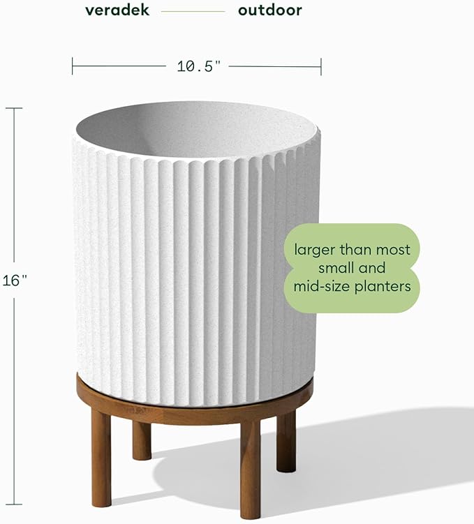 Veradek Demi Series Round Planter w/ Stand for Porch/Patio | Durable Plastic-Concrete & Wooden Stand | Modern Décor for Tall Plants, Flowers