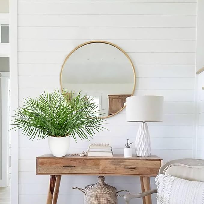 Briful Artificial Palm Plant in White Pot, 18” Faux Tropical Tabletop Plant with 14 Realistic Leaves, Small Potted Palm Tree for Farmhouse, Coffee Table, Entryway, Bathroom, Shelf & Living Room Decor