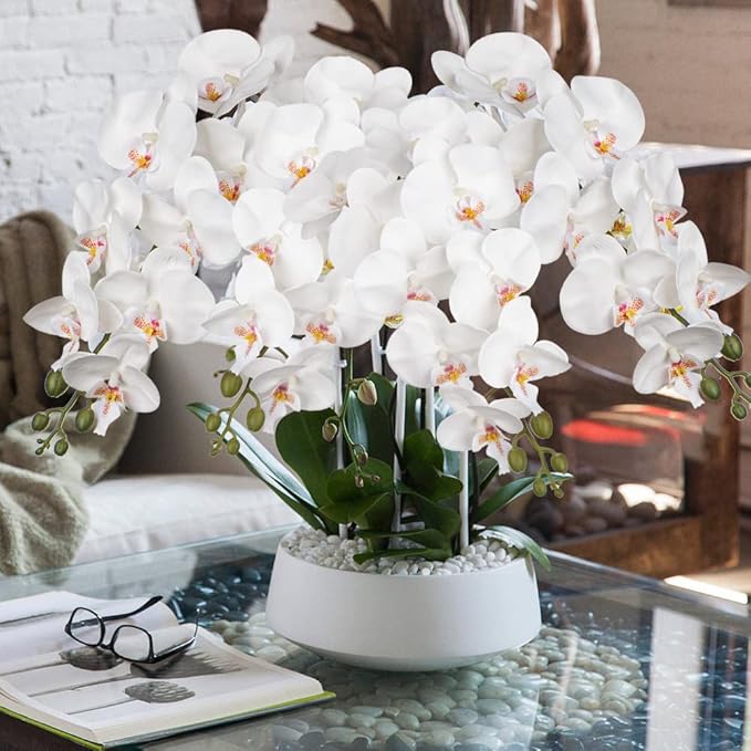 Orchid White 31.5" Real Touch Signal Stem Phalaenopsis Orchid Spray with 9 Large Flowers for Home Arrangement, Artificial Flowers for Home Decor, Office House Decor- White Orchids Flowers 2 Pcs