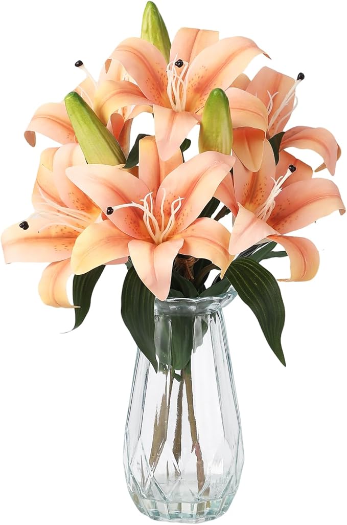 GarveeLife Artificial Tiger Lily Flowers with Vase, Real Touch Easter Lily Faux Flowers for Home Table Centerpieces Wedding Baby Shower Birthday Party Decoration, UV Resistant, 3 Stems with 6 Flowers