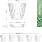 Meowell 4 inch Small Plastic Nursery Pots, 5 Pack Water Ripples Plant Pots for Indoor Plants, Flower Pots with Drainage Holes and Saucers, Seedling Starter Planters for Succulent Plants, White