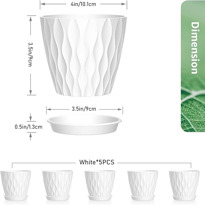 Meowell 4 inch Small Plastic Nursery Pots, 5 Pack Water Ripples Plant Pots for Indoor Plants, Flower Pots with Drainage Holes and Saucers, Seedling Starter Planters for Succulent Plants, White