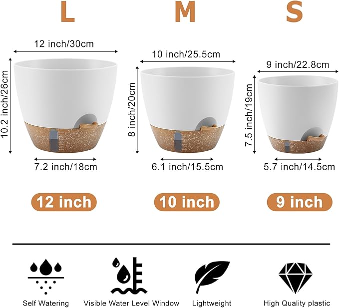 QRRICA Self-Watering Plant Pots with Water Level Indicator, Drainage Holes & Saucers – 12/10/9 Inch Large Plastic Planter Set for Indoor & Outdoor Plants (White)