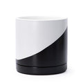 D'vine Dev 8.2 Inch Ceramic Planter Pot with Drainage Hole and Saucer, Indoor Cylinder Round Planter Pot, Oblique Monochrome Black and White, 94-O-D-K