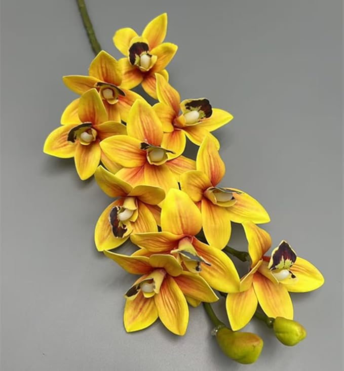 4pcs Artificial Cymbidium Orchid Flower Plant 3D Print Vanda 10 Heads Latex Phalaenopsis Flower (Black Heart Yellow)