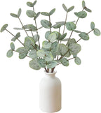 15" Artificial Eucalyptus Stems Potted Plant - Realistic Small Fake Desk Plants for Office Home Decor, Faux Plants in Frosted Ceramic Vase for Indoor Spaces, Wedding Centerpieces Table Decor（4pcs leaf