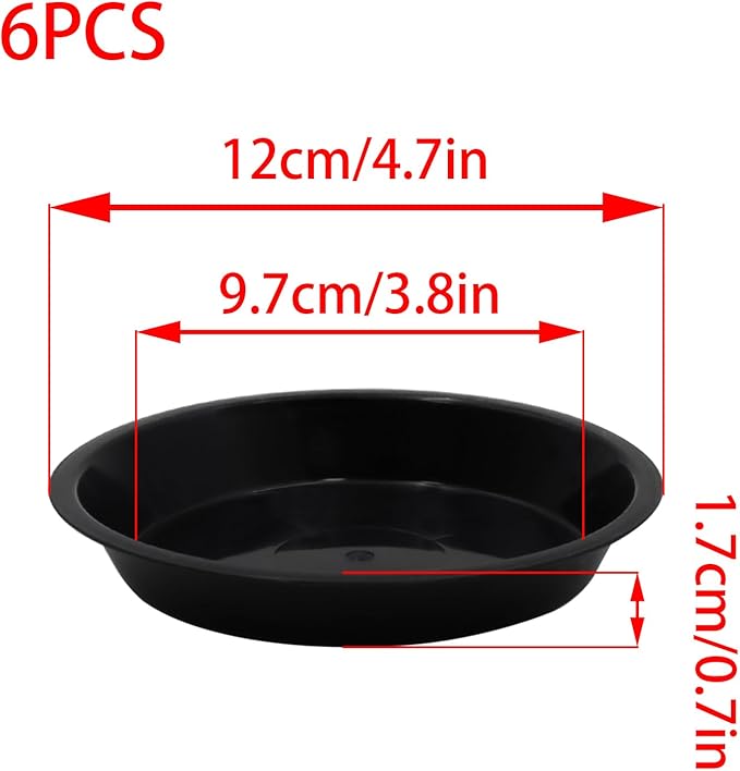 6pcs Black Plastic Plant Saucers (4 inch) - Heavy Duty Indoor Plant Trays for Pots with Water Drainage, Drip Catcher & Decor (Set of 6 Round Saucers)