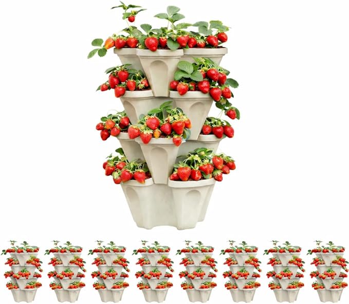 Vertical Garden Planter Stackable Tiered System 4 Plants per Pot, Space Saving Herb, Strawberry & Food Crop Planter with Center Support Hole for Indoor Outdoor Gardening (36, Stone, Small)