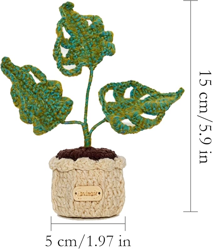 Handmade Crochet Monstera Plant in Pot, Tiny Potted Artificial Plant, Cute Mini Bonsai, Realistic Cotton Yarn Plant, Desk Decor, Gift Idea (2.4 x 2.4 x 5.9 inches)