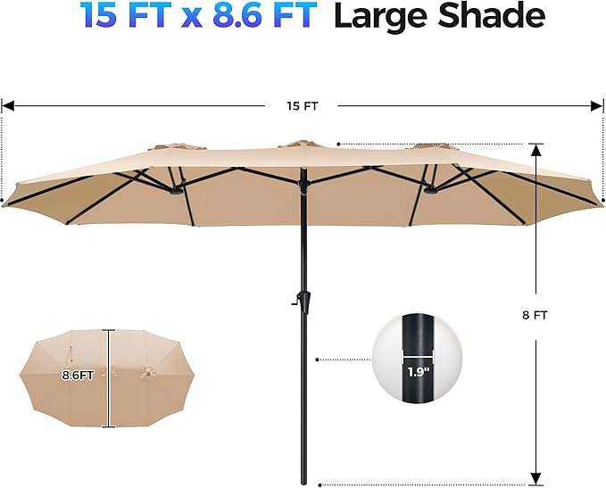 SUPERJARE 15FT Outdoor Umbrella for Patio, Double sided Pool Umbrellas with Fade Resistant Canopy, Large Table Umbrella for Deck, Market, Backyard - Beige(No Base)