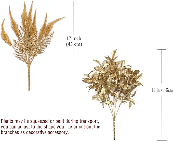 Fake Flowers Golden Bouquet Christmas Decorations, PASYOU Artificial Plants Plastic Shrubs Grass Leaves Indoor Outdoor Home Garden Party Hotel Verandah Wedding Event Faux DIY Table Decor - Gold 4 Pack