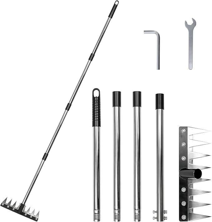 Heavy Duty Iron Weeding Rake, Complete Weed Rake Tool with 4-Section Adjustable Handle(33" to 65"), 8 Tines Thick Steel Weed Puller Tool for Raised Garden Beds, Flower Beds & Soft Soil