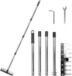 Heavy Duty Iron Weeding Rake, Complete Weed Rake Tool with 4-Section Adjustable Handle(33" to 65"), 8 Tines Thick Steel Weed Puller Tool for Raised Garden Beds, Flower Beds & Soft Soil