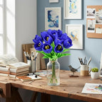 Mandy's Royal Blue Partially Open Artificial Tulips Flowers Centerpiece, 13.5" Lifelike PU Fake Floral Stems 12pcs for Kitchen Island & Dining Table, Spring Decor for Easter