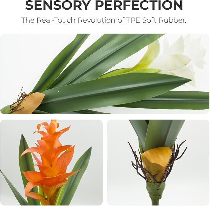 2Pcs Artificial Bromeliad Plants, 18" Fake Hawaiian Ginger Flower,Large Real Touch Faux Tropical Flowers, Lifelike Exotic House Plants for Home Office Indoor Decoration (White)