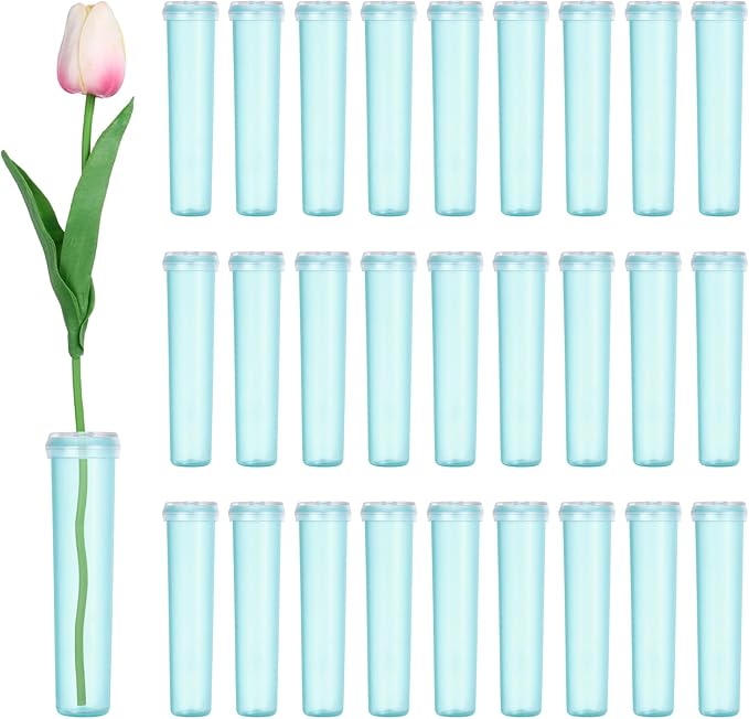 MECCANIXITY 28 Pcs Floral Water Tubes, 3 Inch Clear Flower Water Tubes Floral Vials with Plastic Caps for Fresh Flowers Arrangement Decor Milkweed Cutting Florist Supplies, Blue