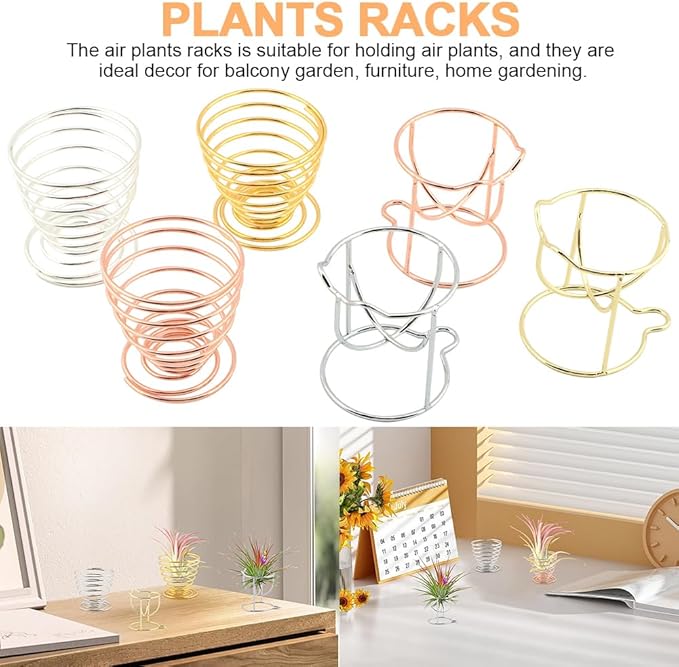 Kakalote 6pcs/pack Air Plant Holders, Geometric Metal Plants Stand Planter Shelves, Airplant Container Tillandsia Holder, Airplants Rack Tabletop Decor for Plant Lovers(cat + spring shape)