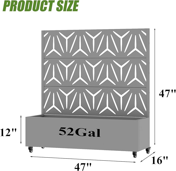 Casaphoria Metal Raised Garden Bed with Trellis and Wheels, 47"x47"x16" Planter Box for Climbing Plants, Vegetables & Vines, Features Drainage Holes and Privacy Screen, Grey-Star