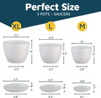 White Plant Pots with Drainage Holes & Saucers 3 Pack, Indoor & Outdoor Stackable Space-Saving Planters for Houseplants & Flowers, (7", 6.7", and 6" Inches), Durable & Weatherproof Materials
