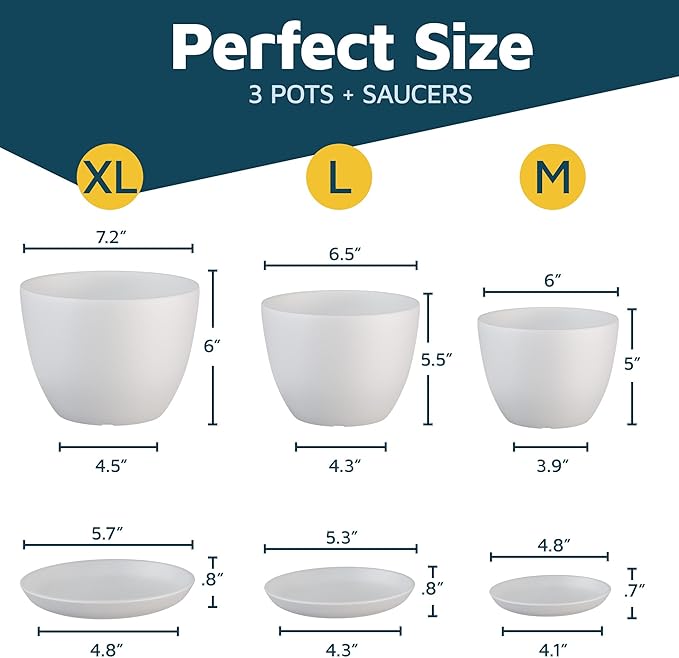 White Plant Pots with Drainage Holes & Saucers 3 Pack, Indoor & Outdoor Stackable Space-Saving Planters for Houseplants & Flowers, (7", 6.7", and 6" Inches), Durable & Weatherproof Materials