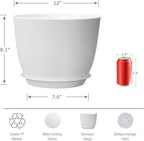 UOUZ 12inch Large Plant Pot, Modern Plastic Planter with High Driange Holes and Saucer for Indoor Outdoor Garden Plants and Flowers, White