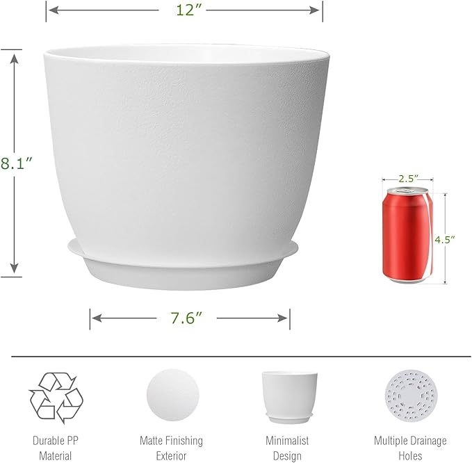 UOUZ 12inch Large Plant Pot, Modern Plastic Planter with High Driange Holes and Saucer for Indoor Outdoor Garden Plants and Flowers, White