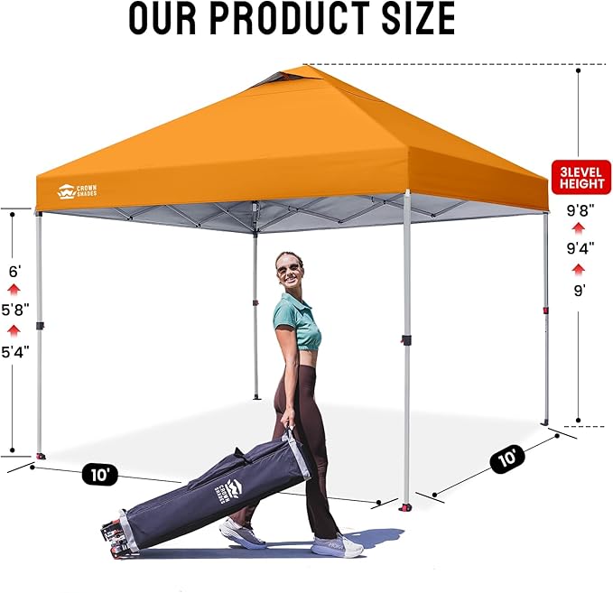 CROWN SHADES 10x10 Pop Up Canopy - Beach Tent with One Push Setup - Easy Outdoor Sun Shade for Events, Parties, Camping - Gazebo with STO-N-Go Cover Bag, Silver Coated Top, Orange