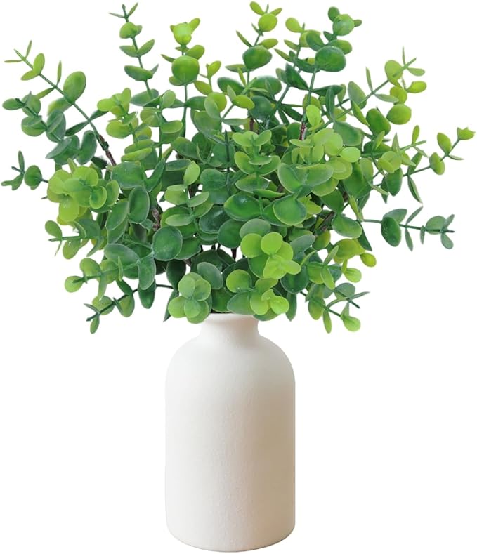 12" Artificial Sage Eucalyptus Stems Potted Plant - Realistic Small Fake Desk Plants for Office Home Decor, Faux Plants in Frosted Ceramic Vase for Indoor Spaces, Table Decor（7 pcs）