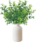 12" Artificial Sage Eucalyptus Stems Potted Plant - Realistic Small Fake Desk Plants for Office Home Decor, Faux Plants in Frosted Ceramic Vase for Indoor Spaces, Table Decor（7 pcs）