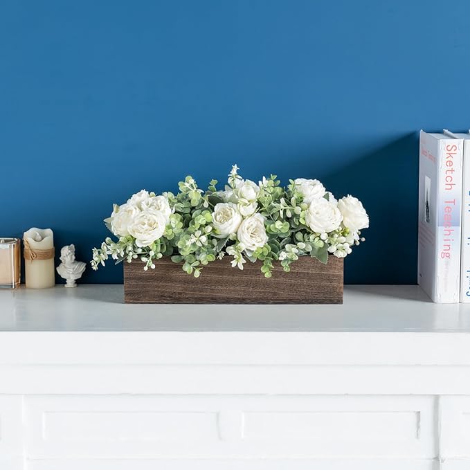 Dahey Centerpiece Table Decorations for Dining Room Farmhouse Living Room Wood Tray with 3 Artificial Flowers and 2 Eucalyptus for Kitchen Table, 14.1" x 4.7" x 3.1", White