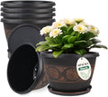 Usocik 6 Pack 8 inch Plant Pots, Retro Pattern Planters with Drainage Holes and Saucer, Sturdy Plastic Garden Flower Pots for Indoor & Outdoor Plants