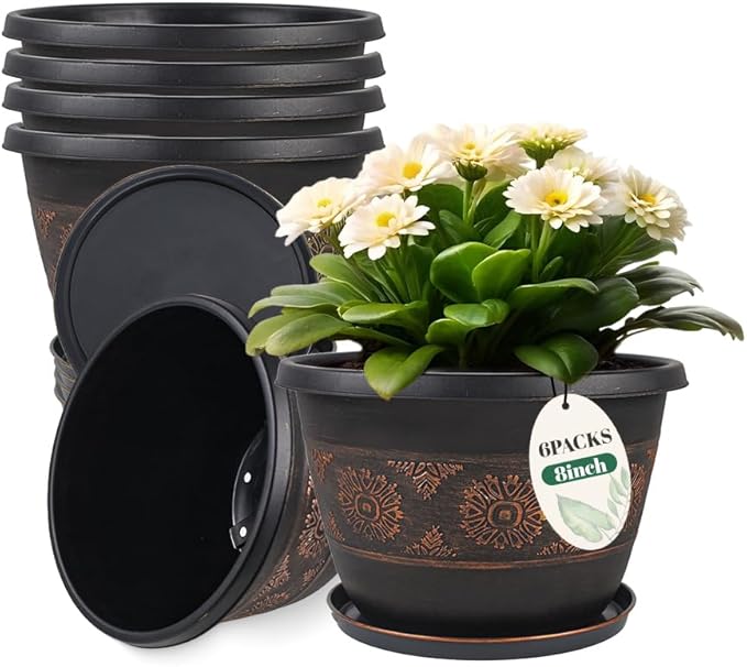 Usocik 6 Pack 8 inch Plant Pots, Retro Pattern Planters with Drainage Holes and Saucer, Sturdy Plastic Garden Flower Pots for Indoor & Outdoor Plants