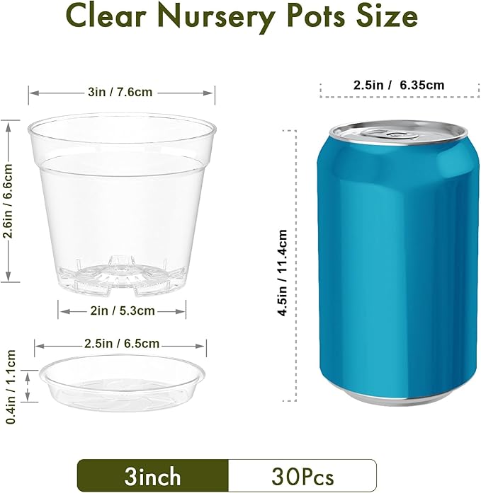WSMKSZ 3 Inch Clear Nursery Pots, 30 Pack Highly Transparent Plastic Seedling Starter Planters with Drainage Holes and Trays for Flowers, Small Plant Pots for Indoor Plants
