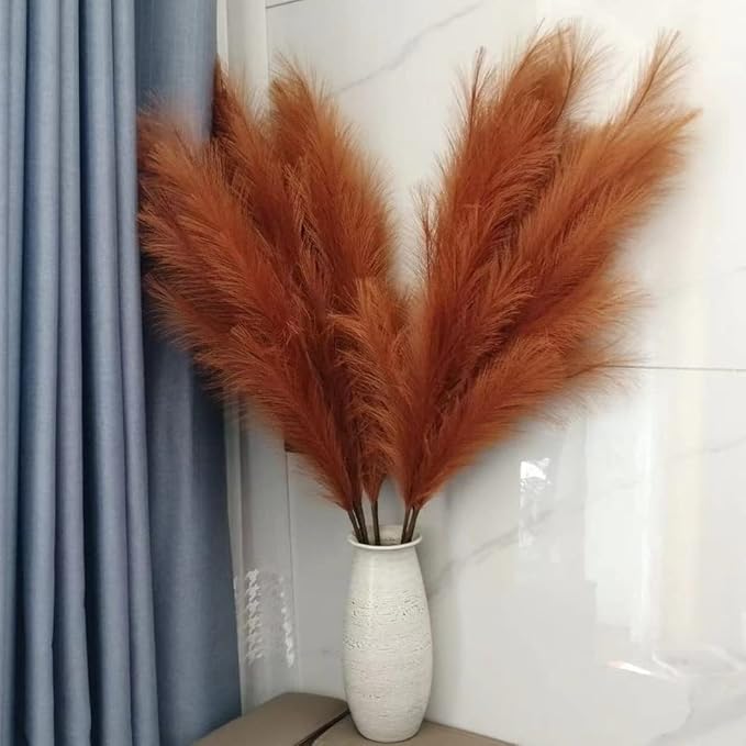 Premium Faux Burnt Orange Pampas Grass – 43.3″ Tall Fluffy Decor, No Assembly 18-Branch One-Piece Stems, Luxury Silk-Feel Feather Flowers for Boho Wedding Home Decor (Faux Burnt Orange, 8pcs 110cm)