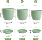 WSMKSZ Medium Plant Pots 10/9/8 inch, Flower Pots for Indoor Outdoor Plants, Set of 3 Modern Decorative Plastic Planters with Drainage Holes and Saucers for House Porch Garden Plants, Green