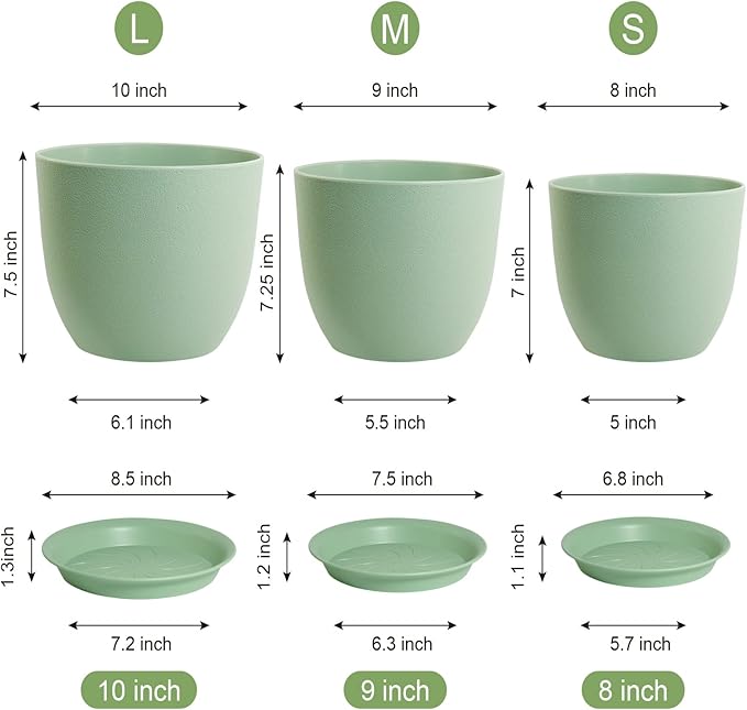 WSMKSZ Medium Plant Pots 10/9/8 inch, Flower Pots for Indoor Outdoor Plants, Set of 3 Modern Decorative Plastic Planters with Drainage Holes and Saucers for House Porch Garden Plants, Green