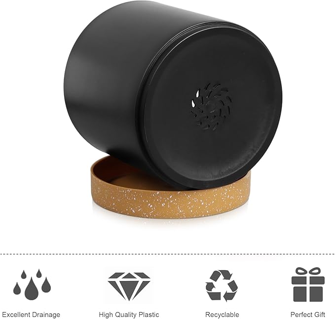 WSMKSZ 3 Pack 6/5/4 inch Cylindrical Flower Pots, Modern Small Round Plastic Plant Pots with Drainage Holes & Saucers, Clean and Refined Planter Pots for Outdoor, Indoor & Office Decor (Black Brown)