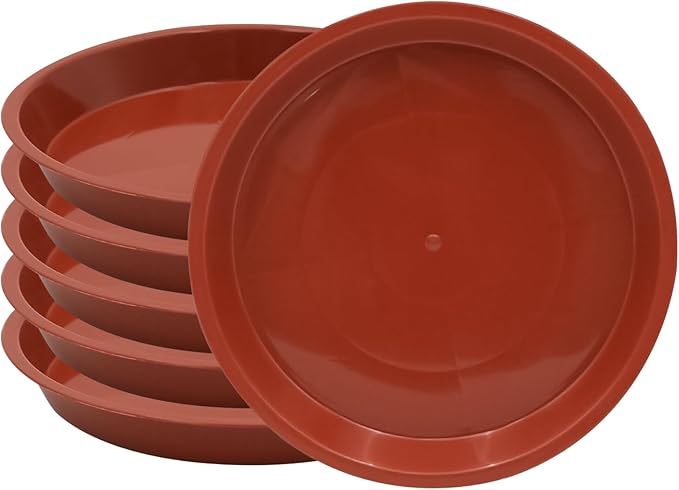 6pcs Terracotta Plastic Plant Saucers (4 inch) - Heavy Duty Indoor Plant Trays for Pots with Water Drainage, Drip Catcher & Decor (Set of 6 Round Saucers)
