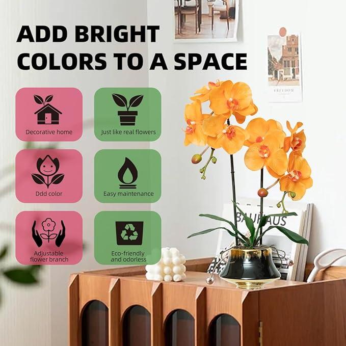 CXGS Orchids Artificial Flowers Realistic Fake Flowers in Ceramic Vase 20" Orange Faux Plants Indoor Lifelike Soft PU Phalaenopsis for Centerpiece Hotel Home Decor
