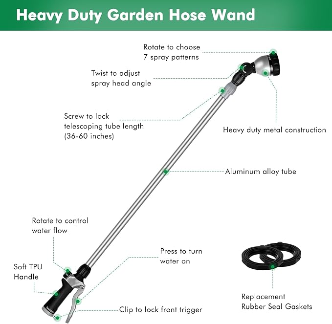 RESTMO 36”-60” Metal Watering Wand, Long Telescopic Tube | 180° Adjustable Ratcheting Head | 7 Spray Patterns | Flow Control, Perfect Garden Hose Sprayer to Water Hanging Baskets, Shrubs, Black