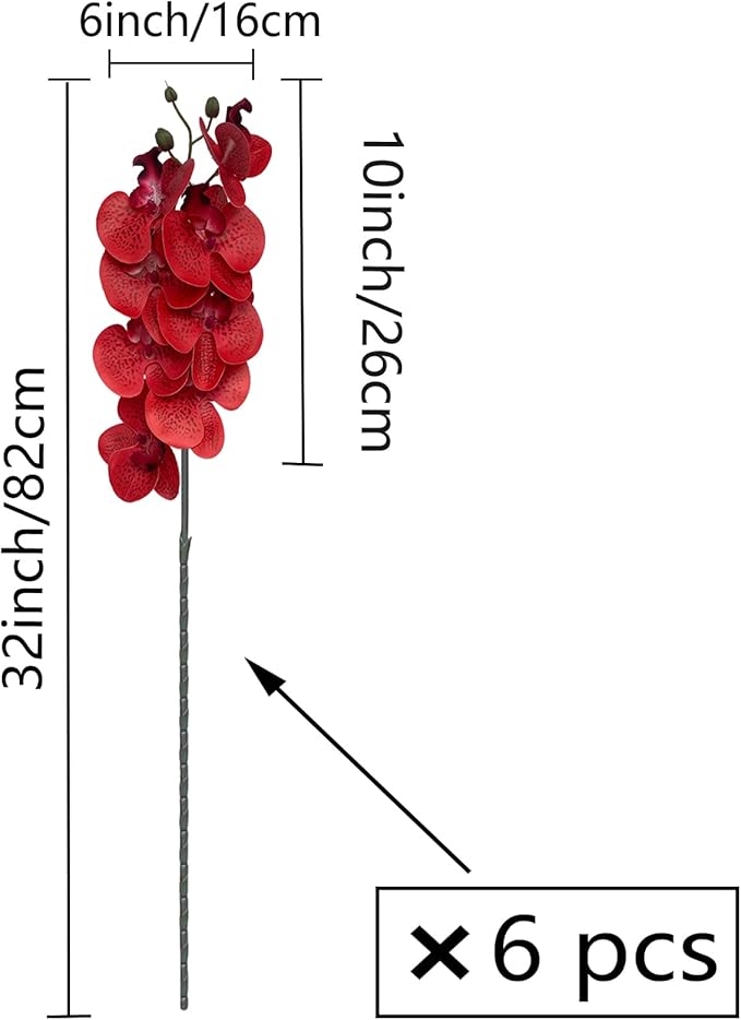FagusHome 32 Inch Artificial Phalaenopsis Flowers 6 Pcs Artificial Orchid Flowers Stem Plants for Home Décor (Red Piebald)