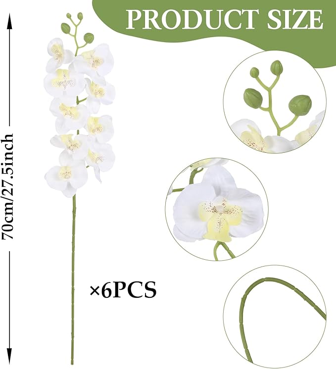 6PCS White Orchids Artificial Flowers 27’’ Silk Faux Orchids Fake Flowers with Stems for Floral Arrangements Home Wedding Dining Table Party Garden Decoration(White)