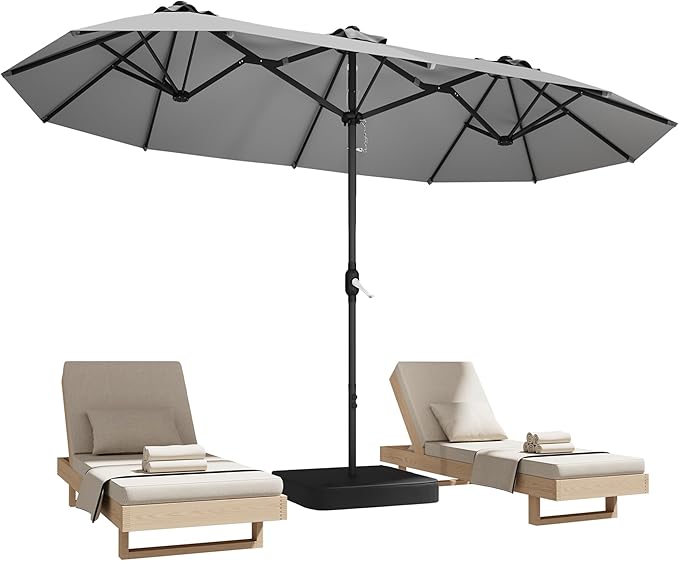 DomeShade 15ft Patio Umbrella with Base,Large Outdoor Double-Sided Rectangle Umbrella with Crank Handle, Market Umbrella for Poolside Garden Deck Backyard Beach Pools, Gray