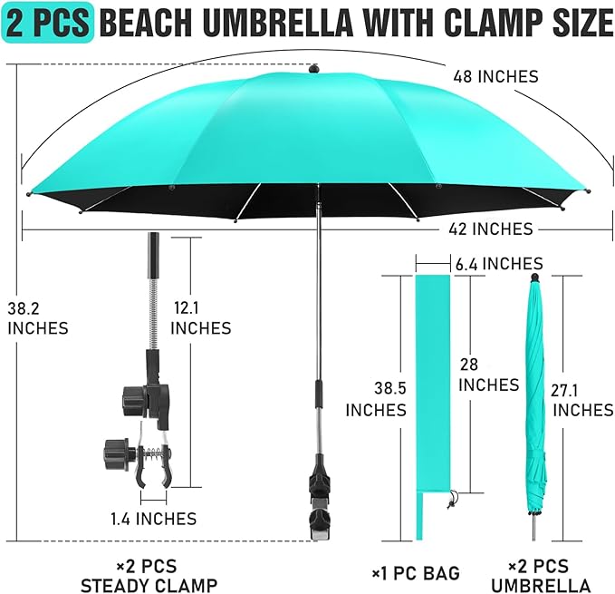 2 PACK Beach Umbrella with Clamp, 360 ° Adjustable Umbrellas for Chair, UPF50+ Umbrella for Beach Chair, Patio Chair, Wheelchair, Camping Chair, Golf Carts (Chair Not Included)